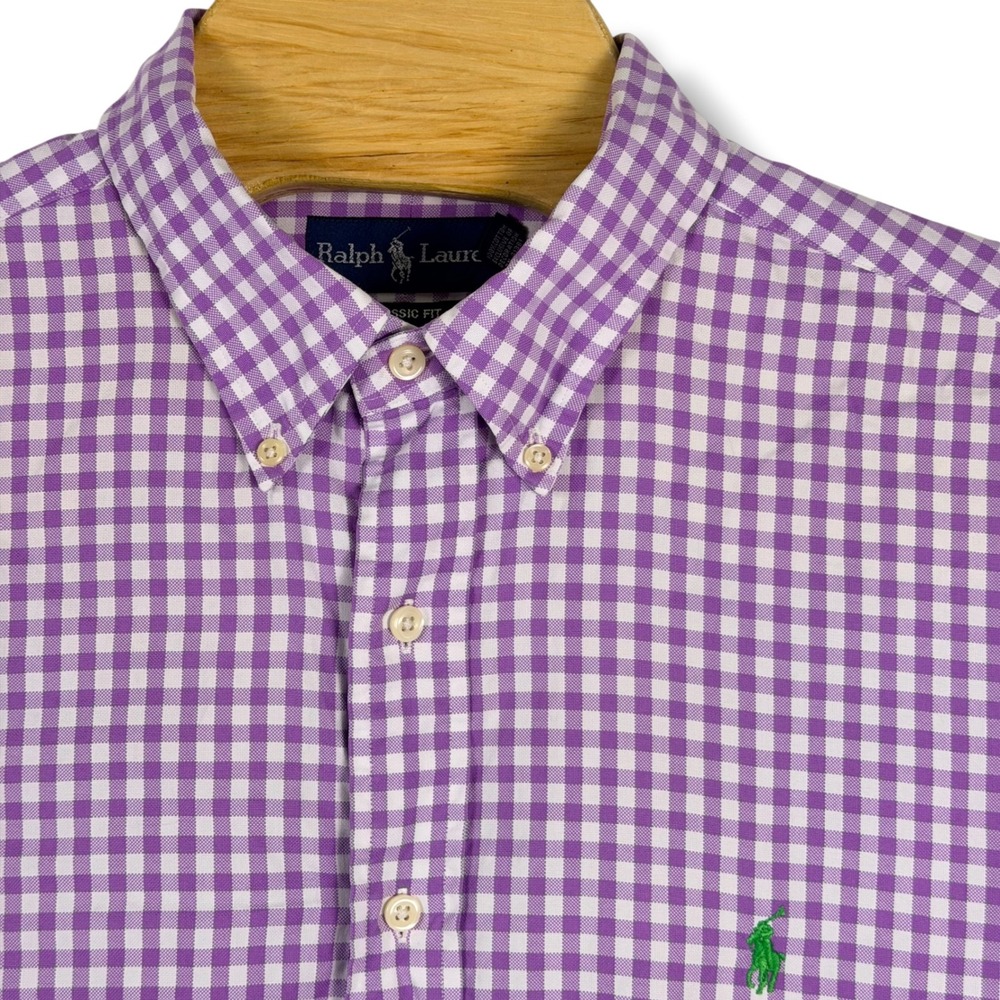 Ralph Lauren Button Down Men 17.5 XL Purple Gingham Classic Fit Shirt Pony‎ Prep